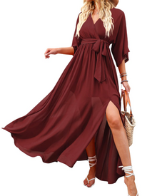 Rodelyn Women's Maxi Dress – V-Neck Wrap, 3/4 Kimono Sleeves & Elegant Bohemian Slit