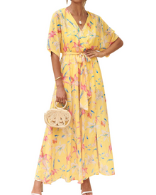 Rodelyn Women's Maxi Dress – V-Neck Wrap, 3/4 Kimono Sleeves & Elegant Bohemian Slit