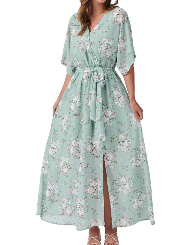 Rodelyn Women's Maxi Dress – V-Neck Wrap, 3/4 Kimono Sleeves & Elegant Bohemian Slit