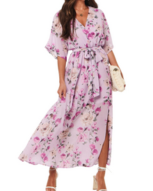 Rodelyn Women's Maxi Dress – V-Neck Wrap, 3/4 Kimono Sleeves & Elegant Bohemian Slit