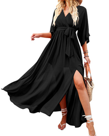 Rodelyn Women's Maxi Dress – V-Neck Wrap, 3/4 Kimono Sleeves & Elegant Bohemian Slit
