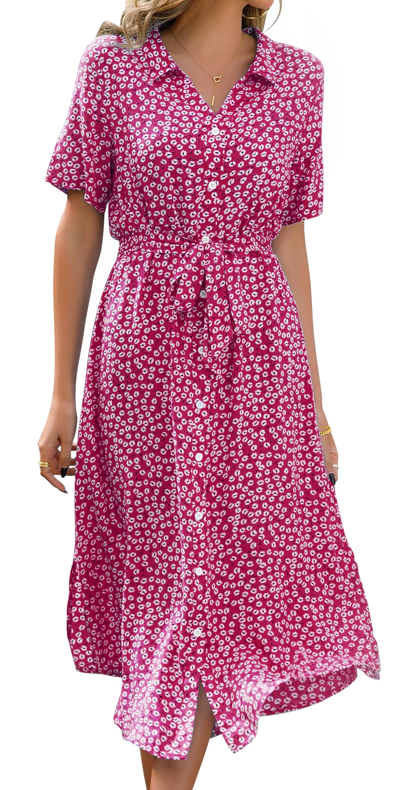 Roselle Women's Dress – V-Neck Floral, Midi Cut with Belt & Elegant Summer Slit