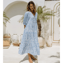 Rosina Long Robe Looksy – Abstract Bohemian Print & Fluid Tiered Cut
