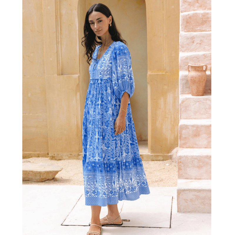 Rosina Long Robe Looksy – Abstract Bohemian Print & Fluid Tiered Cut
