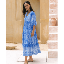 Rosina Long Robe Looksy – Abstract Bohemian Print & Fluid Tiered Cut