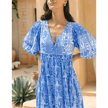 Rosina Long Robe Looksy – Abstract Bohemian Print & Fluid Tiered Cut