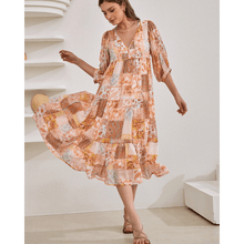 Rosina Long Robe Looksy – Abstract Bohemian Print & Fluid Tiered Cut