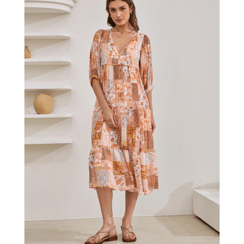Rosina Long Robe Looksy – Abstract Bohemian Print & Fluid Tiered Cut