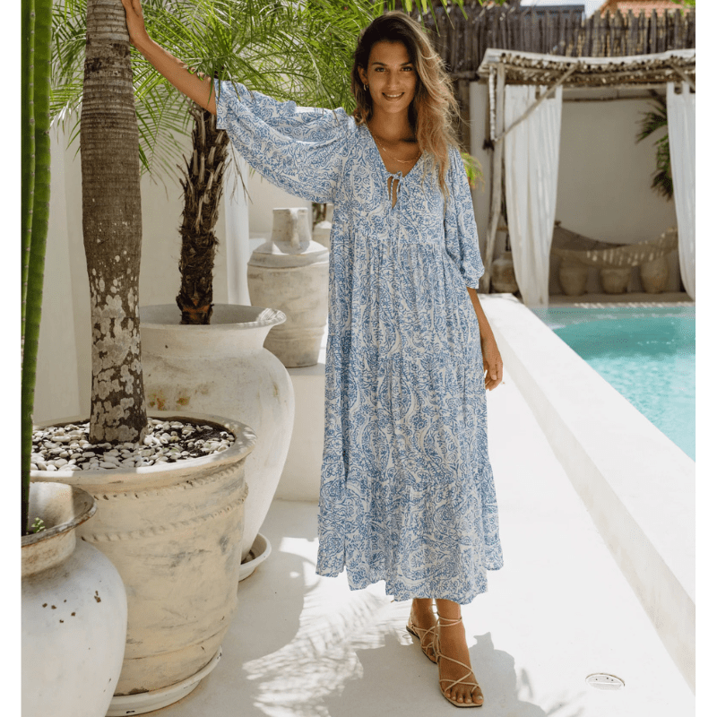 Rosina Long Robe Looksy – Abstract Bohemian Print & Fluid Tiered Cut