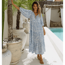 Rosina Long Robe Looksy – Abstract Bohemian Print & Fluid Tiered Cut