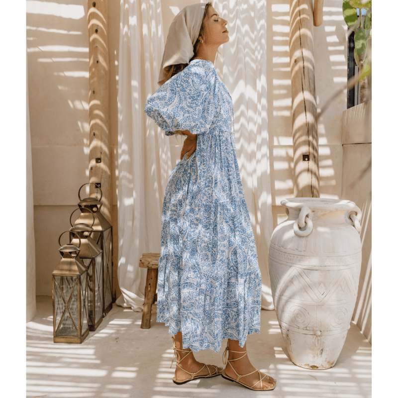 Rosina Long Robe Looksy – Abstract Bohemian Print & Fluid Tiered Cut