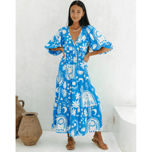 Rosina Long Robe Looksy – Abstract Bohemian Print & Fluid Tiered Cut