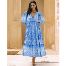 Rosina Long Robe Looksy – Abstract Bohemian Print & Fluid Tiered Cut