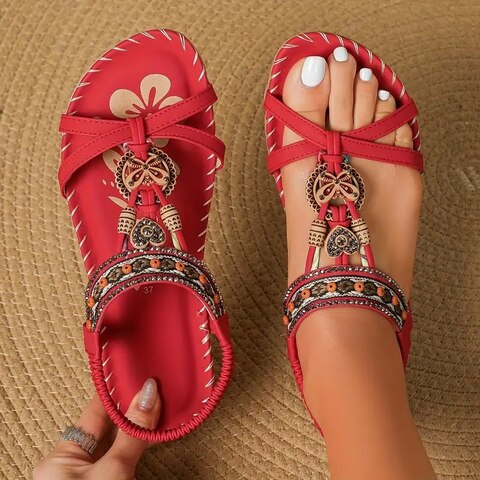 Lainey Women's Sandals – Elegant Boho Sandals with Flat Sole and Natural Ethnic Look