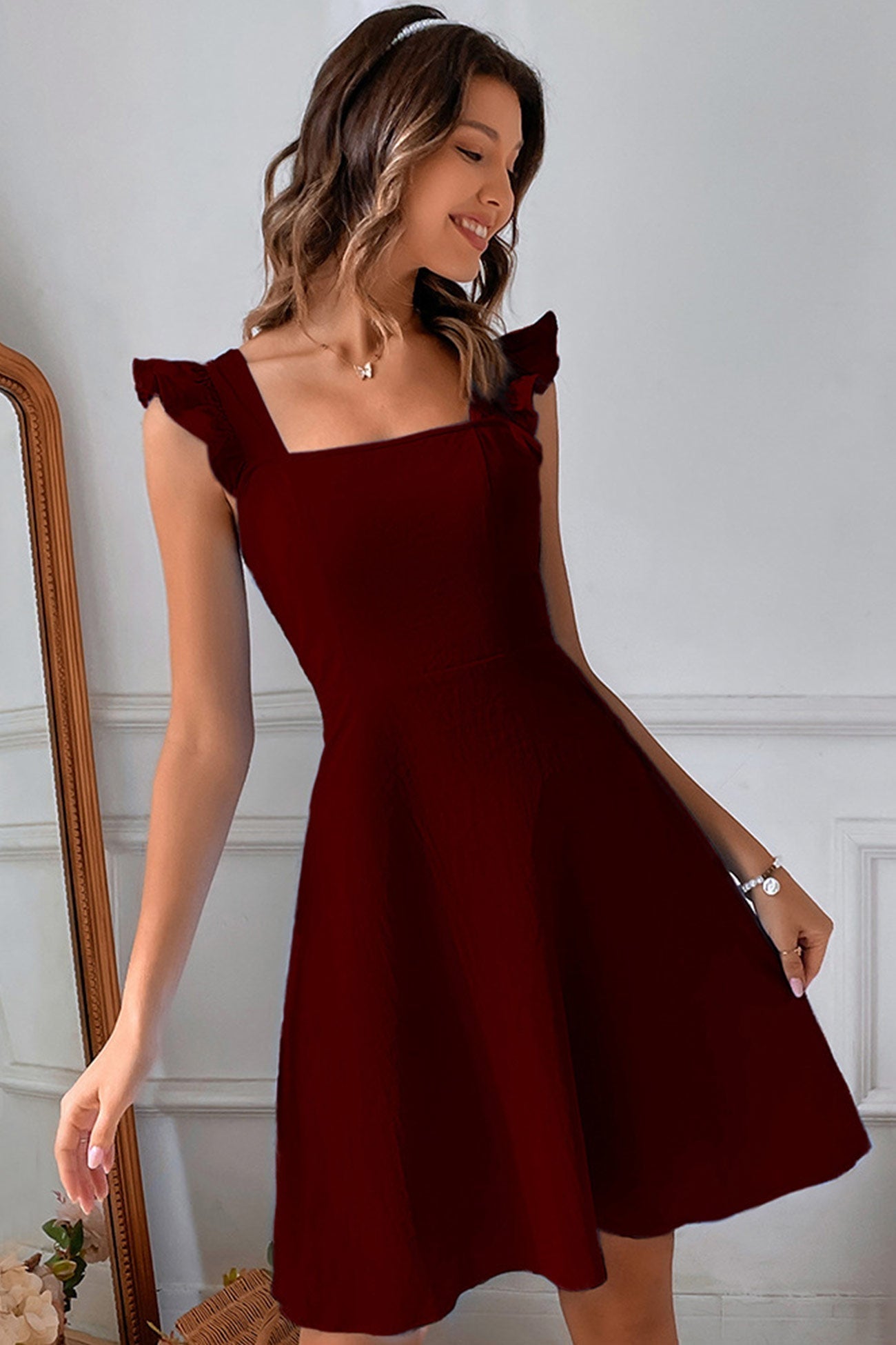 Addison Summer Dress Women – Mini Dress Sleeveless with Square Neckline, Ruffles & Open Back