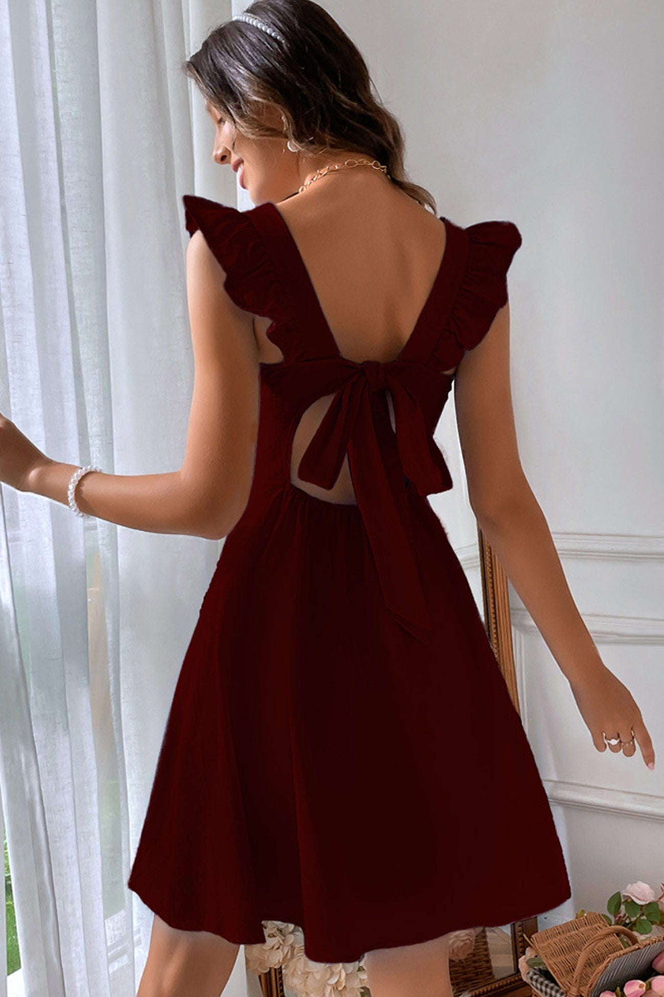 Addison Summer Dress Women – Mini Dress Sleeveless with Square Neckline, Ruffles & Open Back