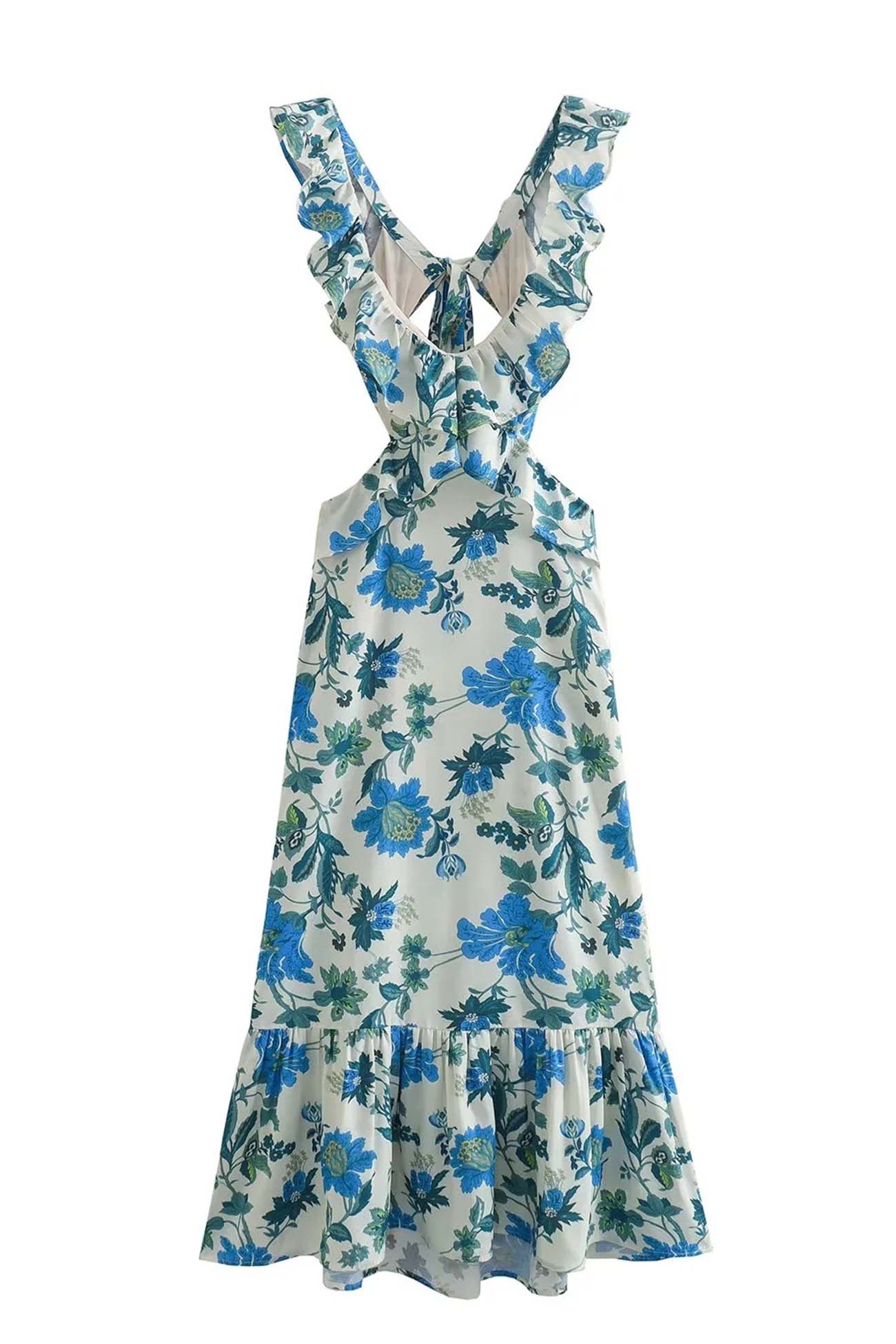 Long Dress Woman Amara – Sleeveless Summer Dress with Ruffled Straps & Elegant V-Neck Collar