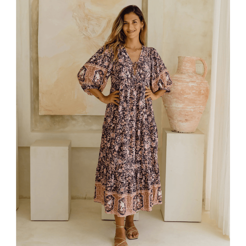 Runa Mid-Length Robe Looksy – Floral Print & Light Puff Sleeves Summer