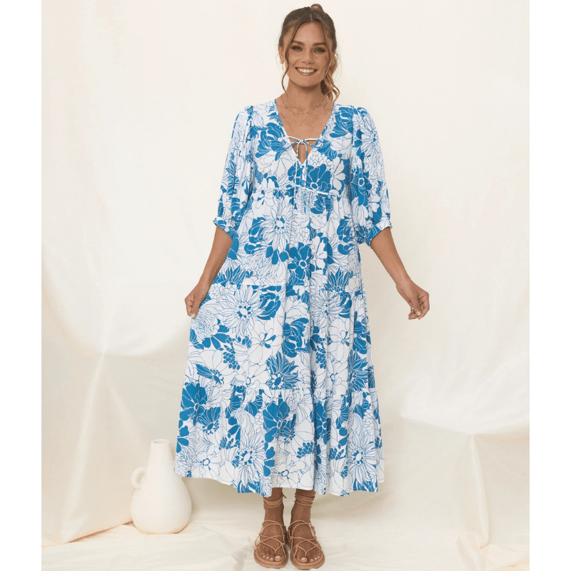Runa Mid-Length Robe Looksy – Floral Print & Light Puff Sleeves Summer