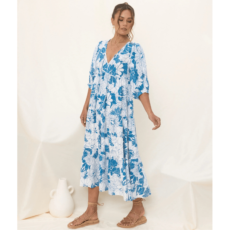 Runa Mid-Length Robe Looksy – Floral Print & Light Puff Sleeves Summer