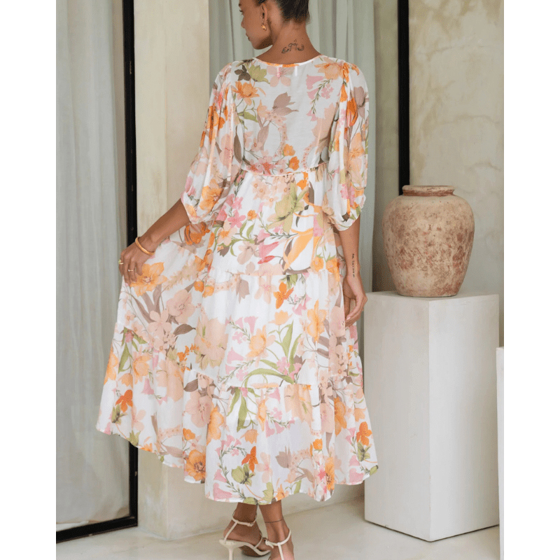 Runa Mid-Length Robe Looksy – Floral Print & Light Puff Sleeves Summer