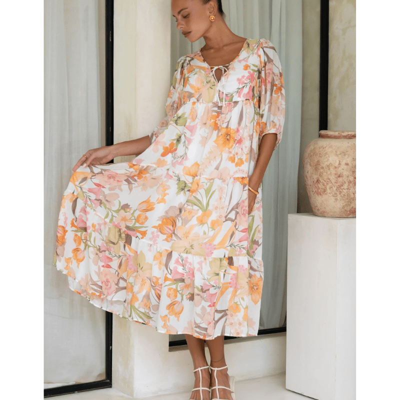 Runa Mid-Length Robe Looksy – Floral Print & Light Puff Sleeves Summer