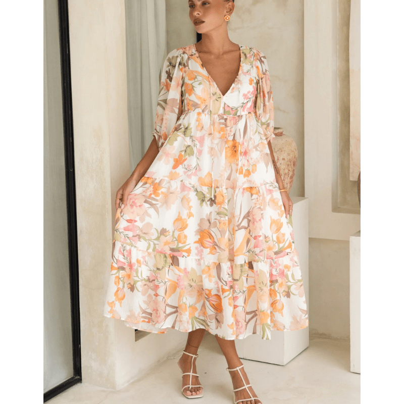 Runa Mid-Length Robe Looksy – Floral Print & Light Puff Sleeves Summer