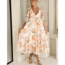 Runa Mid-Length Robe Looksy – Floral Print & Light Puff Sleeves Summer