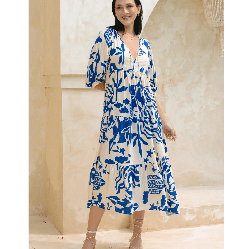 Runa Mid-Length Robe Looksy – Floral Print & Light Puff Sleeves Summer