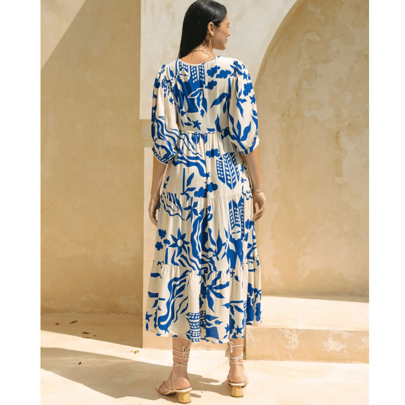 Runa Mid-Length Robe Looksy – Floral Print & Light Puff Sleeves Summer