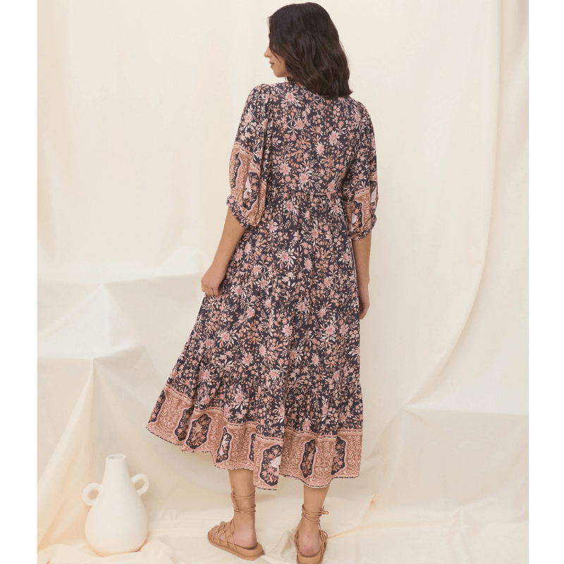 Runa Mid-Length Robe Looksy – Floral Print & Light Puff Sleeves Summer