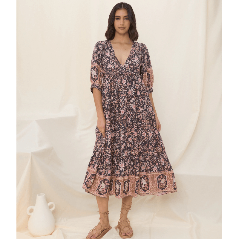 Runa Mid-Length Robe Looksy – Floral Print & Light Puff Sleeves Summer