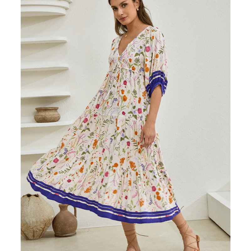 Runa Mid-Length Robe Looksy – Floral Print & Light Puff Sleeves Summer