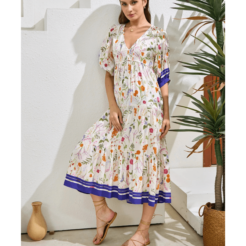 Runa Mid-Length Robe Looksy – Floral Print & Light Puff Sleeves Summer