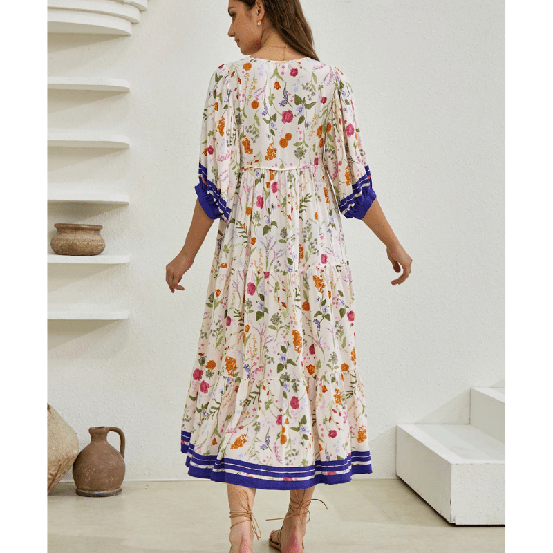 Runa Mid-Length Robe Looksy – Floral Print & Light Puff Sleeves Summer