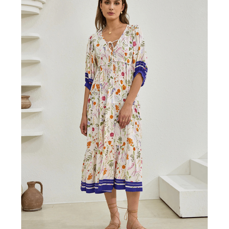 Runa Mid-Length Robe Looksy – Floral Print & Light Puff Sleeves Summer