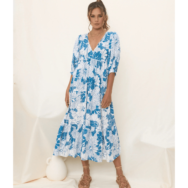 Runa Mid-Length Robe Looksy – Floral Print & Light Puff Sleeves Summer
