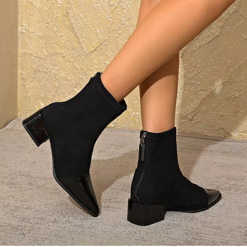 Gracia Women's Ankle Boots – Elegant Suede Boots with Patent Details & Comfortable Block Heel