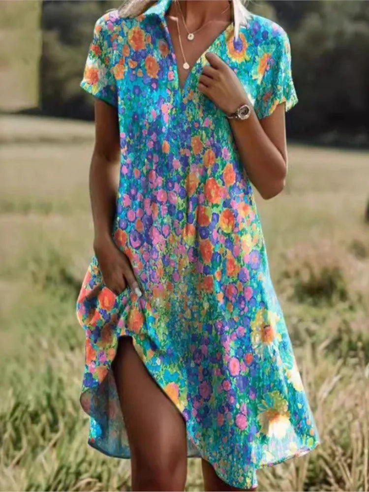 Jeanne Women's Dress – Elegant V-Neck Dress with Buttons, Flattering Cut & Timeless Floral Pattern
