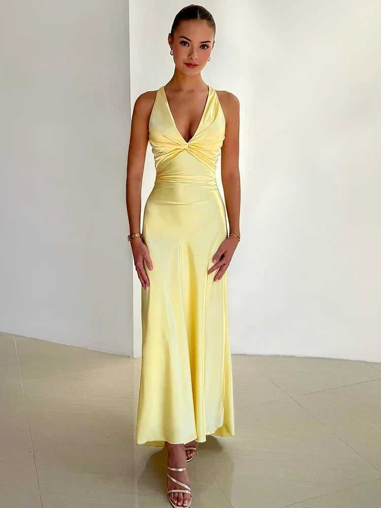 Gina Evening Dress Woman – Long Satin Dress with Elegant Halter Neck and Sleeveless