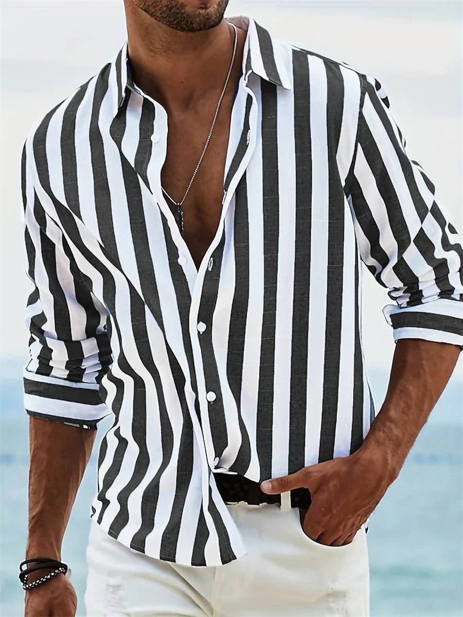 James Summer Shirt Men – Light Blue Striped Shirt in Blended Linen with Cotton & Relaxed Fit