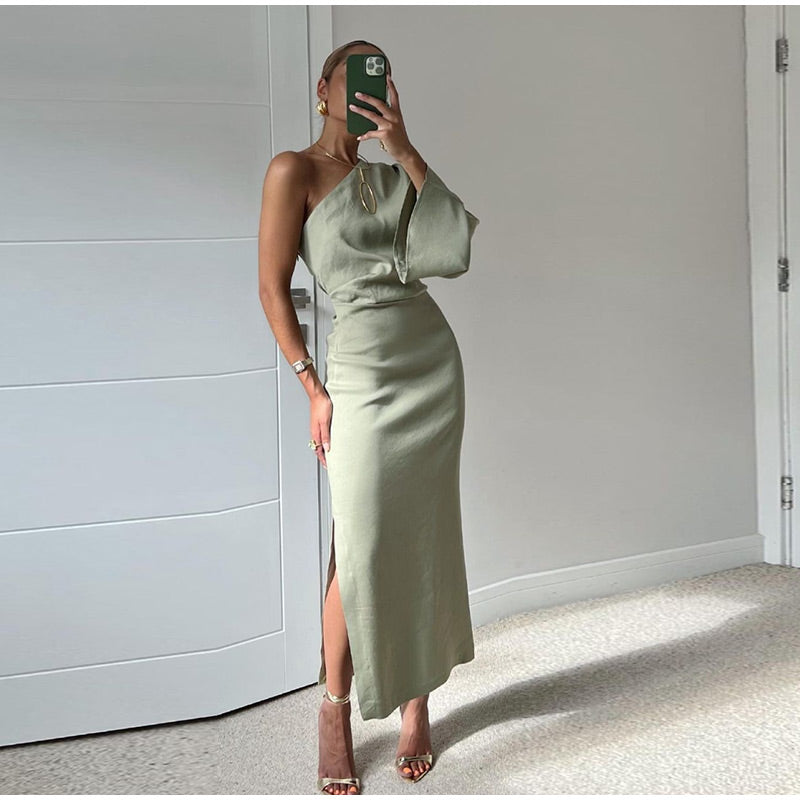 Livia Satin Dress for Women – Elegant Asymmetric Dress with Slit & Chic Flowing Cut