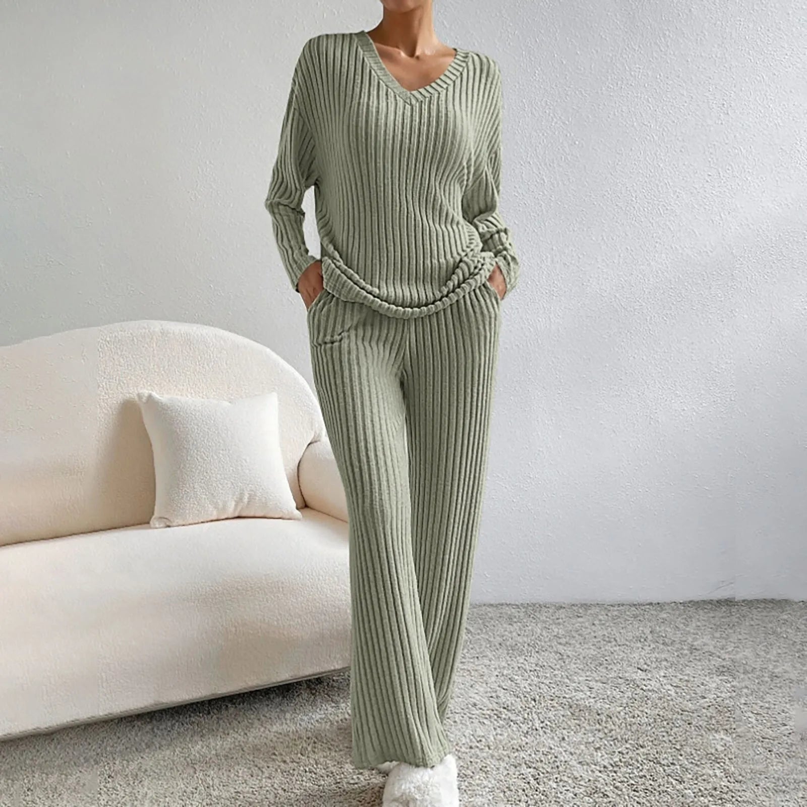 Kathy knit set for women – Comfortable loungewear with V-neck sweater and soft pants