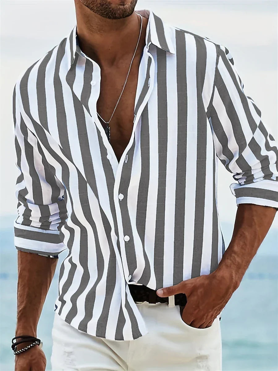 James Summer Shirt Men – Light Blue Striped Shirt in Blended Linen with Cotton & Relaxed Fit