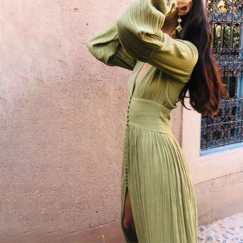 Sadie Robe Maxi Woman – Summer Dress Khaki in 100% Cotton with Buttons & Elegant Pleated Details