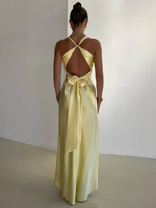 Gina Evening Dress Woman – Long Satin Dress with Elegant Halter Neck and Sleeveless