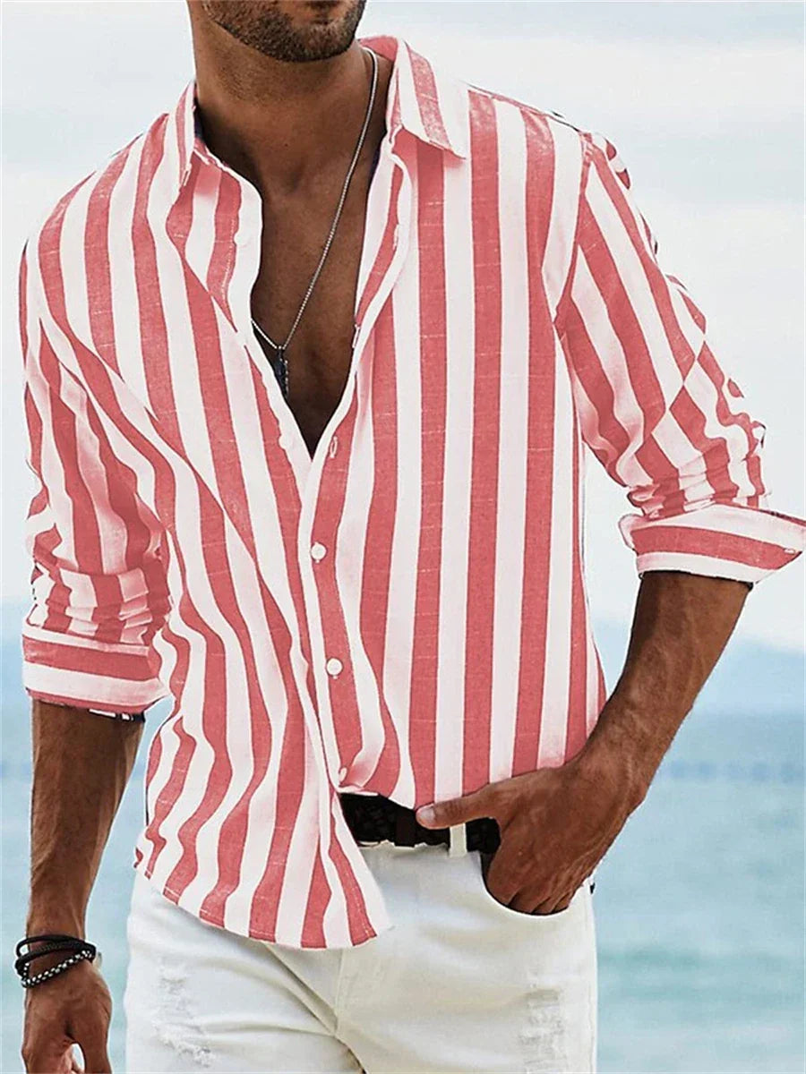 James Summer Shirt Men – Light Blue Striped Shirt in Blended Linen with Cotton & Relaxed Fit