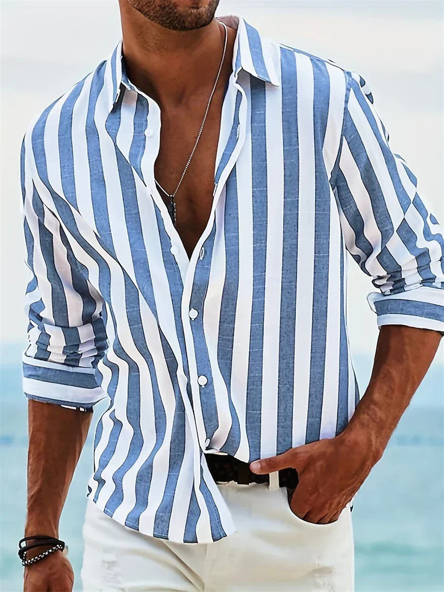 James Summer Shirt Men – Light Blue Striped Shirt in Blended Linen with Cotton & Relaxed Fit