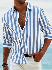 James Summer Shirt Men – Light Blue Striped Shirt in Blended Linen with Cotton & Relaxed Fit