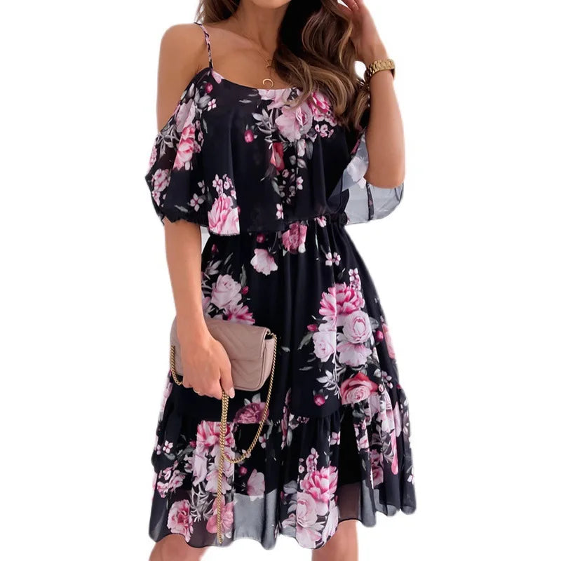 Catalina Summer Dress Women – Floral Dress with Off-Shoulder Neckline & Romantic Look